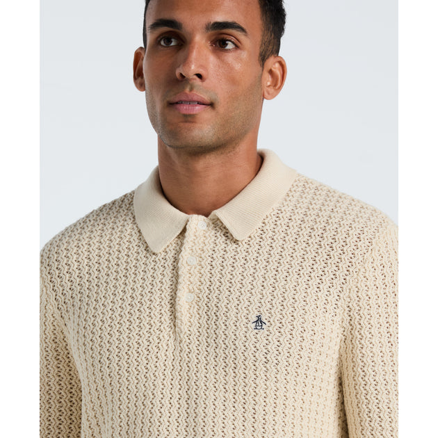 Zigzag Stitch Long Sleeve Sweater Polo In Beige | Original Penguin®