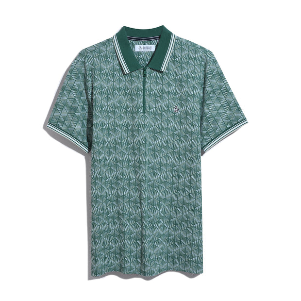 Jacquard Geometric Print 1/4 Zip Short Sleeve Polo Shirt In Antique Green