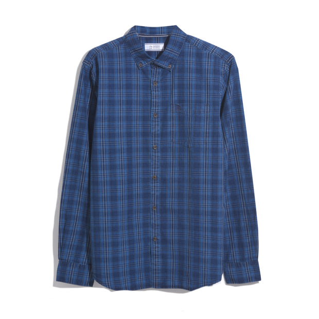 Cotton Indigo Plaid Print Long Sleeve Button-Down Shirt In Dark Sapphire