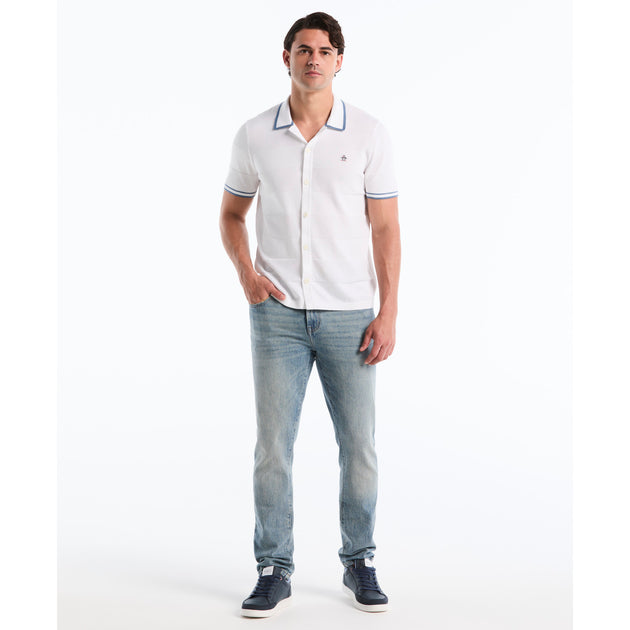 Seed Stitch Button Front Sweater Polo In White | Original Penguin®