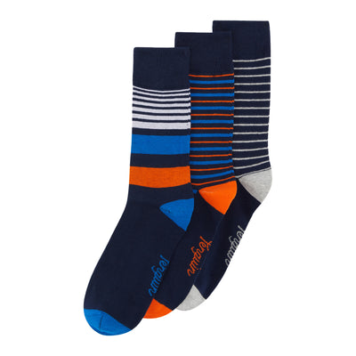 3 Pack Stripe Design Ankle Socks In Navy, Blue And Orange