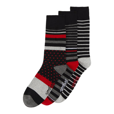 3 Pack Spot And Stripe Design Ankle Socks In Black And Red
