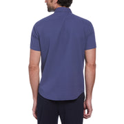 Cotton Dobby Basketweave Textured Short Sleeve Button-Down Shirt In Blue Indigo