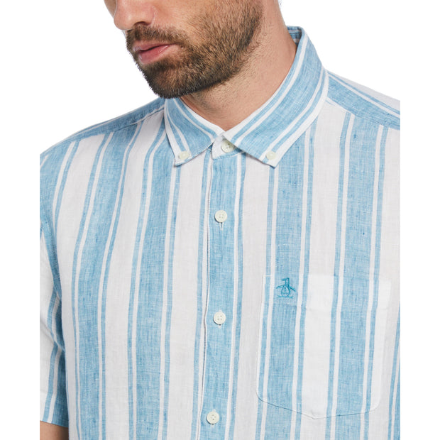 Delave Linen Short Sleeve Button-Down Shirt In Blue Moon