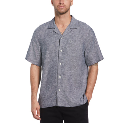 Linen Ecovero Camp Collar Short Sleeve Shirt In Dark Sapphire