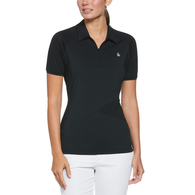 Women's Zip Front Asymetrical Mesh Golf Polo Shirt In Caviar