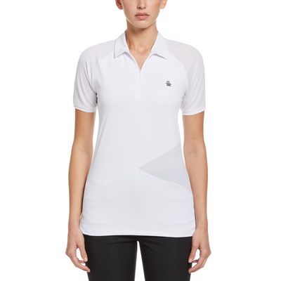 Women's Zip Front Asymetrical Mesh Golf Polo Shirt In Bright White