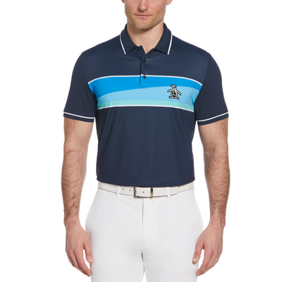 Engineered 80s Color Block Print Short Sleeve Golf Polo Shirt In Black Iris