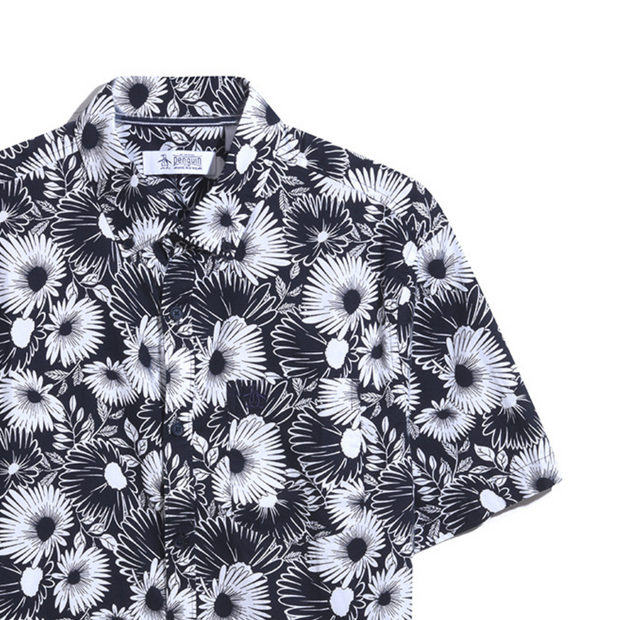 Ecovero Floral Print Short Sleeve Button-Down Shirt In Dark Sapphire