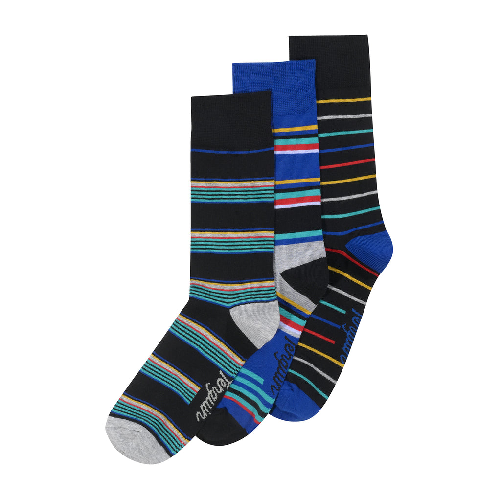 3 Pack Striped Socks Black Blue