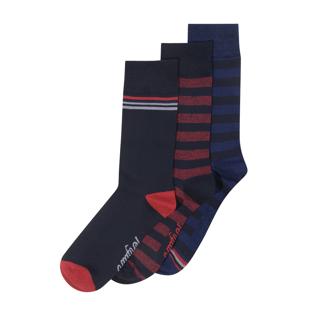 3 Pack Striped Socks Navy Red