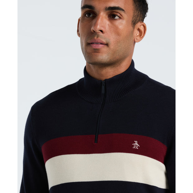 Cotton Colourblock Quarter Zip Sweater (Dark Sapphire) Detail