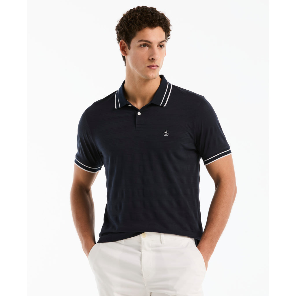 Textured Stripe Tipped Polo Shirt Dark Sapphire