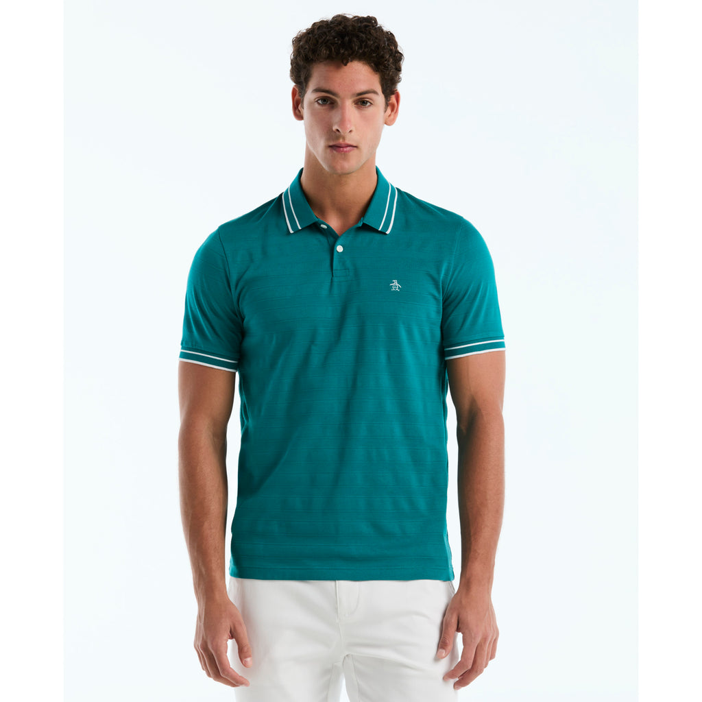 Textured Stripe Tipped Polo Shirt Deep Lake