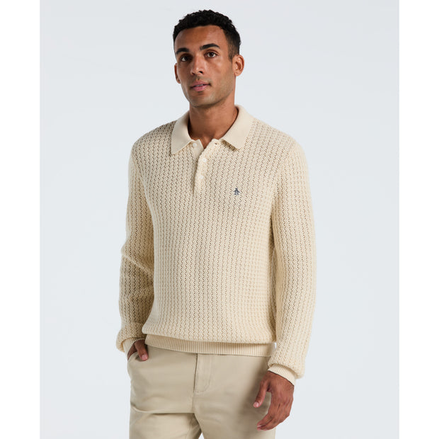 Zigzag Stitch Long Sleeve Sweater Polo (Birch) Front