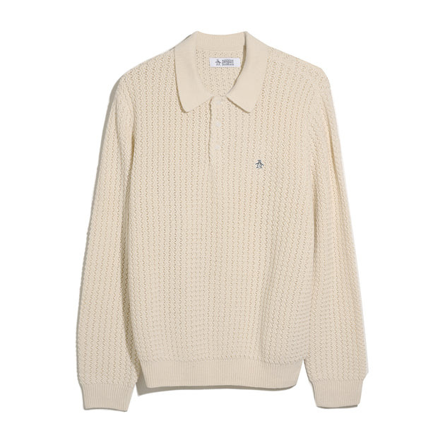 Zigzag Stitch Long Sleeve Sweater Polo (Birch) Flat