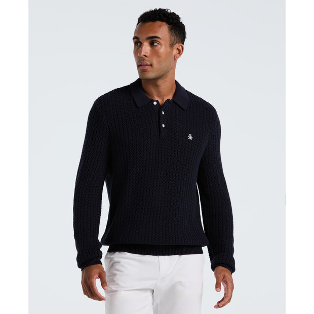 Zigzag Stitch Long Sleeve Sweater Polo (Dark Sapphire) Front