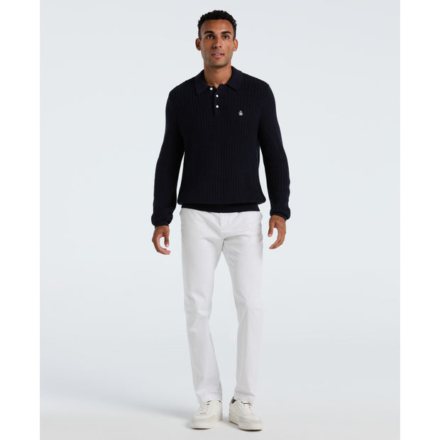 Zigzag Stitch Long Sleeve Sweater Polo (Dark Sapphire) Styled