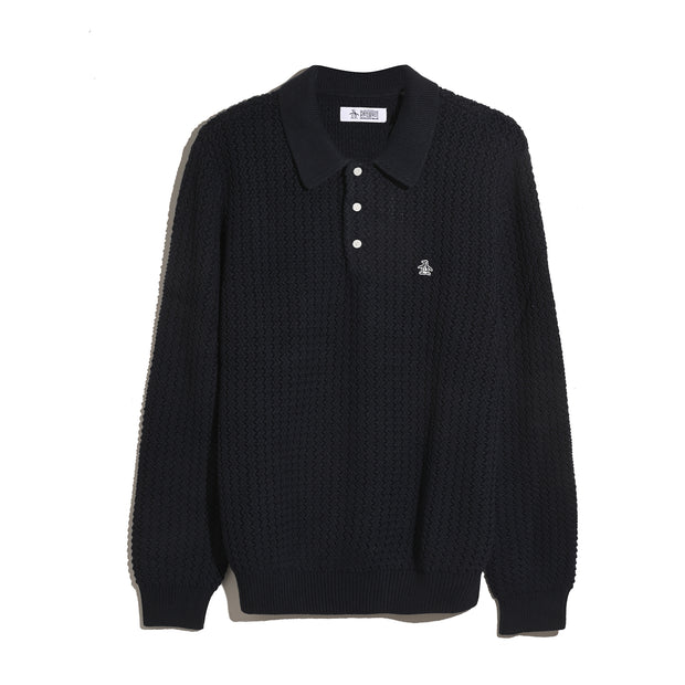Zigzag Stitch Long Sleeve Sweater Polo (Dark Sapphire) Flat
