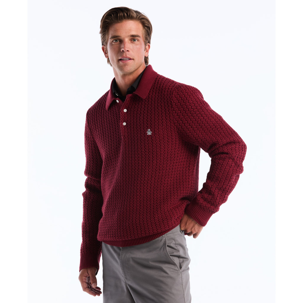 Zigzag Stitch Long Sleeve Sweater Polo Cabernet