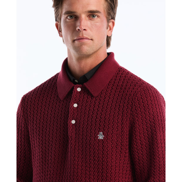 Zigzag Stitch Long Sleeve Sweater Polo (Cabernet) Detail