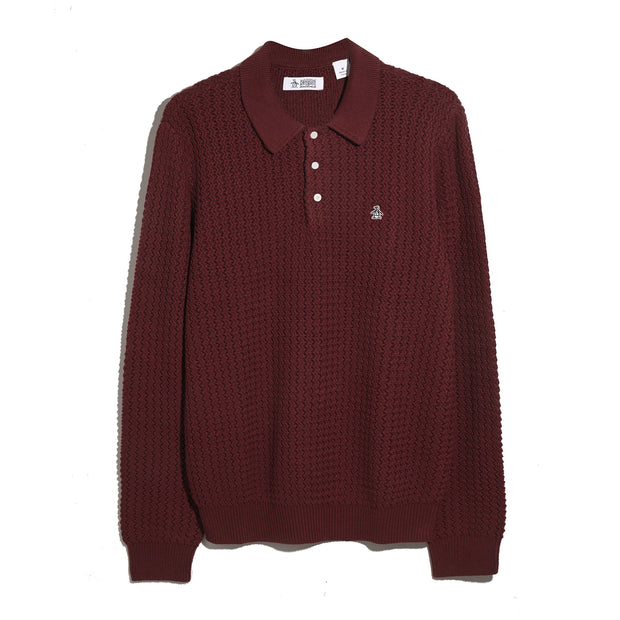 Zigzag Stitch Long Sleeve Sweater Polo (Cabernet) Flat