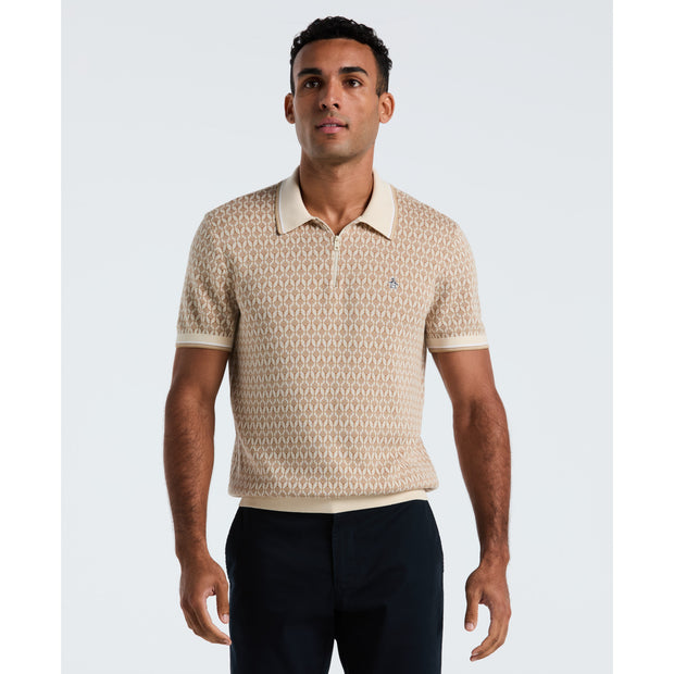 Geometric Jacquard 1/4 Zip Sweater Polo (Birch) Front