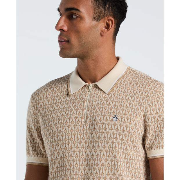 Geometric Jacquard 1/4 Zip Sweater Polo (Birch) Detail