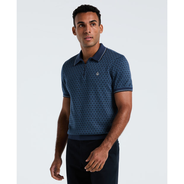 Geometric Jacquard 1/4 Zip Sweater Polo (Sargasso Sea) Front