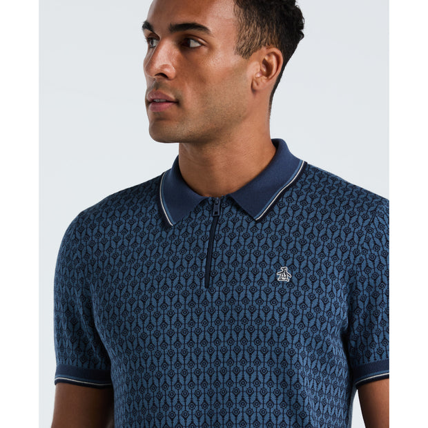 Geometric Jacquard 1/4 Zip Sweater Polo (Sargasso Sea) Detail