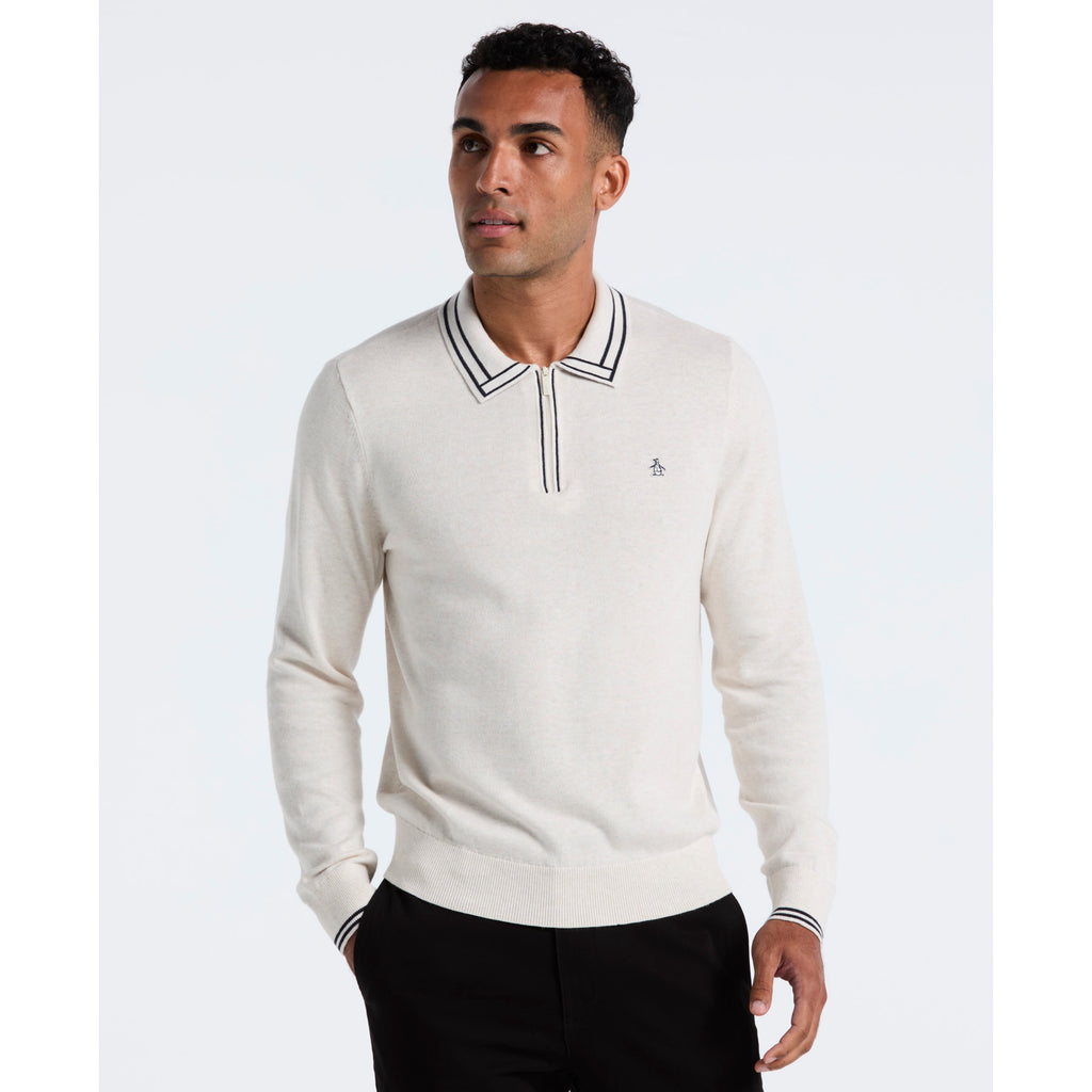 Tipped Quarter Zip Long Sleeve Sweater Polo Birch Heather