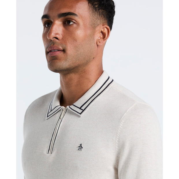 Tipped Quarter Zip Long Sleeve Sweater Polo (Birch Heather) Detail