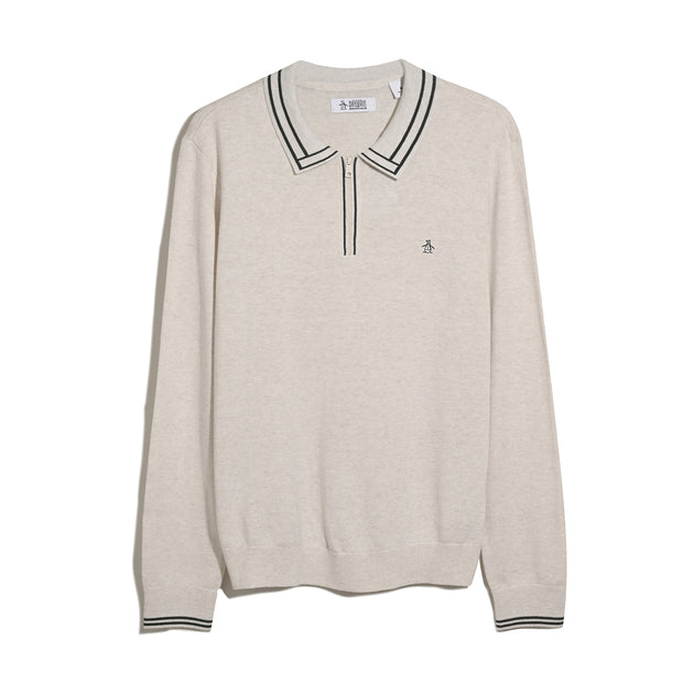 Tipped Quarter Zip Long Sleeve Sweater Polo (Birch Heather) Flat