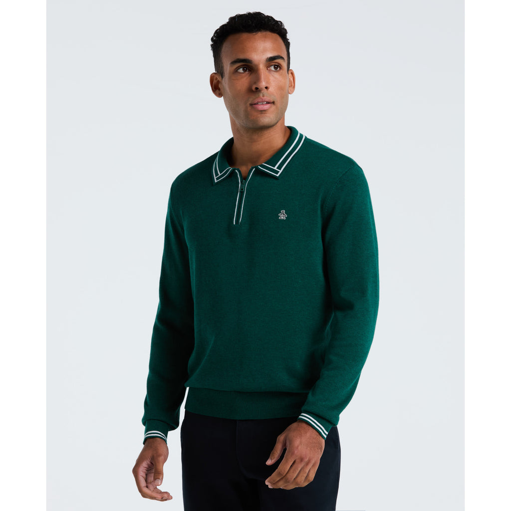 Tipped Quarter Zip Long Sleeve Sweater Polo Botanical Heather