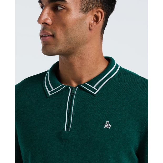 Tipped Quarter Zip Long Sleeve Sweater Polo (Botanical Green Heather) Detail