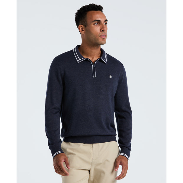 Tipped Quarter Zip Long Sleeve Sweater Polo (Dark Sapphire Heather) Front