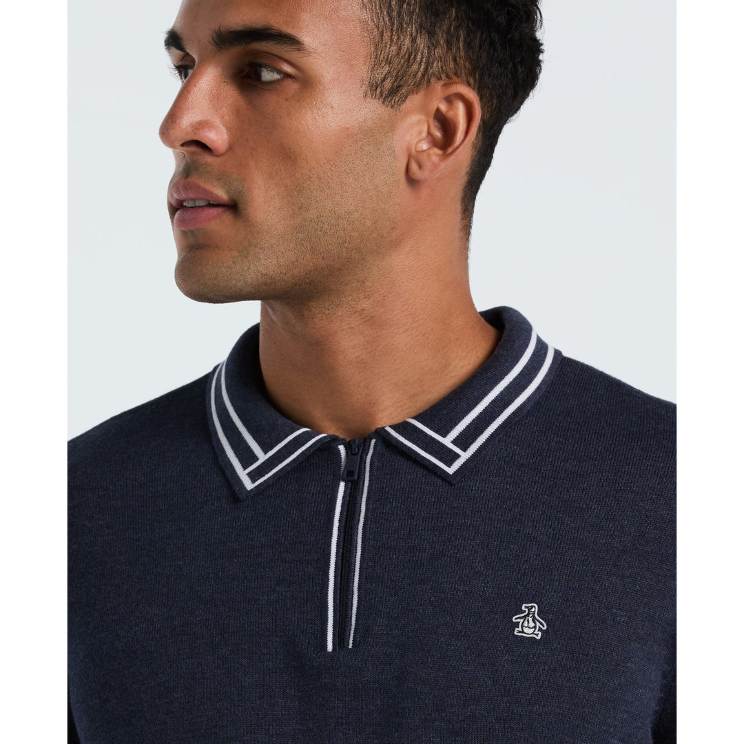 Tipped Quarter Zip Long Sleeve Sweater Polo In Blue | Original