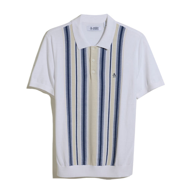 Cashmere Like Cotton Verticle Stripe Sweater Polo Shirt In Bright White