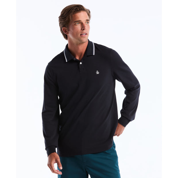 Sticker Pete Tipped Long Sleeve Polo Shirt (Dark Sapphire) Front