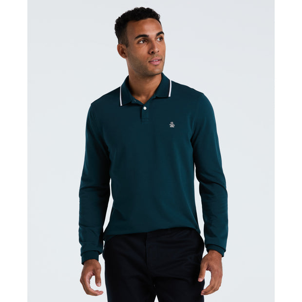 Sticker Pete Tipped Long Sleeve Polo Shirt (Reflecting Pond) Front