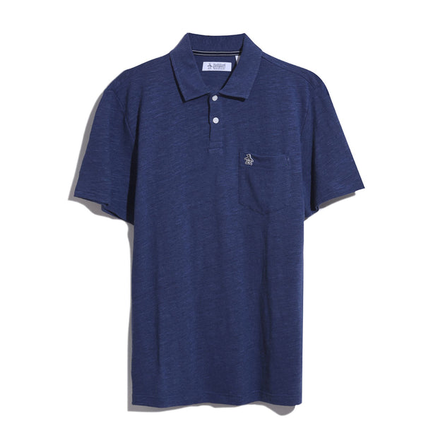 Linen Cotton Slub Short Sleeve Polo Shirt In Blue Indigo