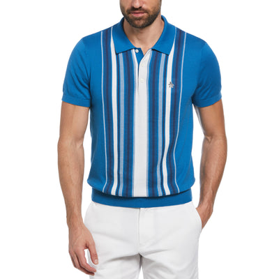 Cashmere Like Cotton Verticle Stripe Sweater Polo Shirt In Vallarta Blue