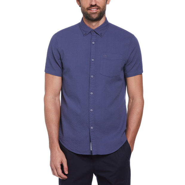 Cotton Dobby Basketweave Textured Short Sleeve Button-Down Shirt In Blue Indigo