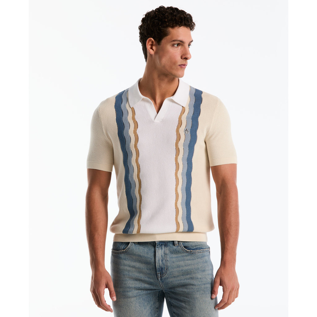 Mesh Stripe Johnny Collar Sweater Polo Birch