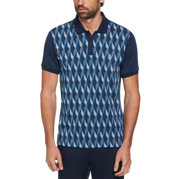 Jacquard Front Diamond Geo Print Polo Shirt In Dress Blues