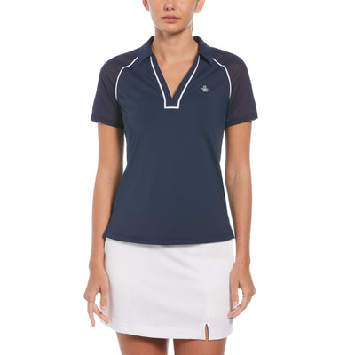 Women's V-Neck Mesh Block Short Sleeve Golf Polo Shirt With Contrast Piping In Black Iris