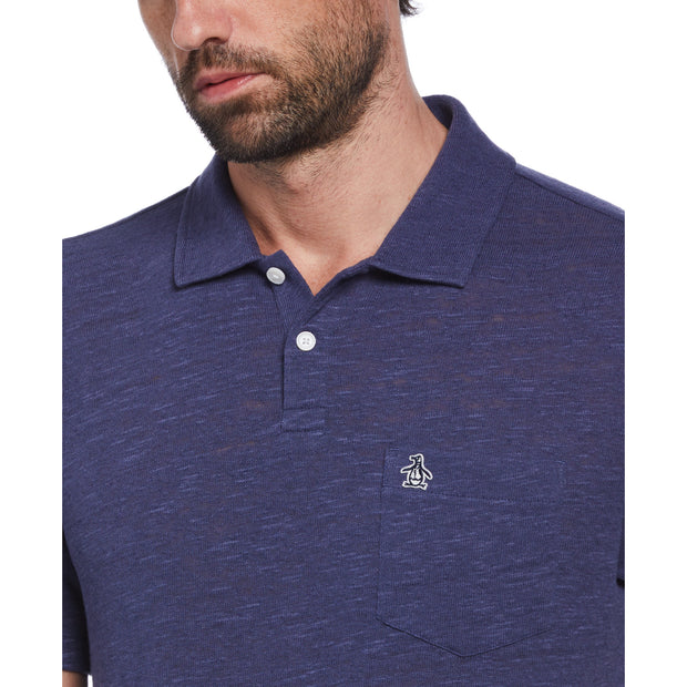 Linen Cotton Slub Short Sleeve Polo Shirt In Blue Indigo