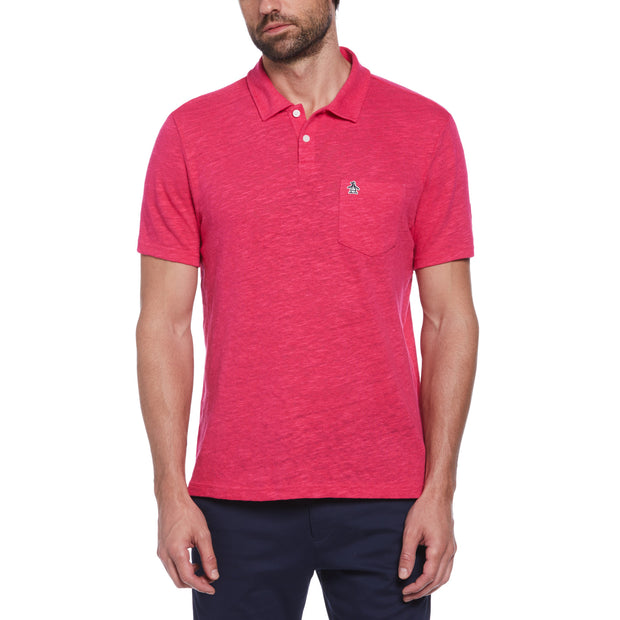 Linen Cotton Slub Short Sleeve Polo Shirt In Raspberry Sorbet