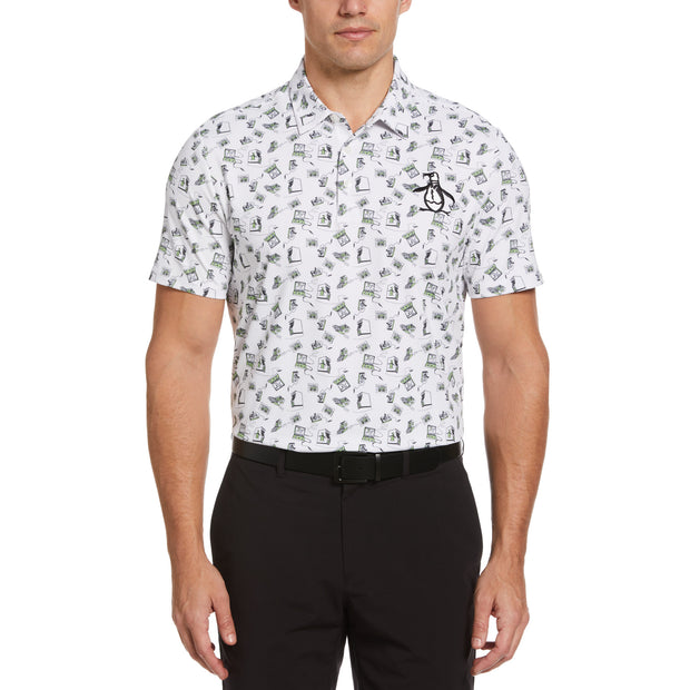 Retro Arcade Print Golf Polo Shirt In Bright White