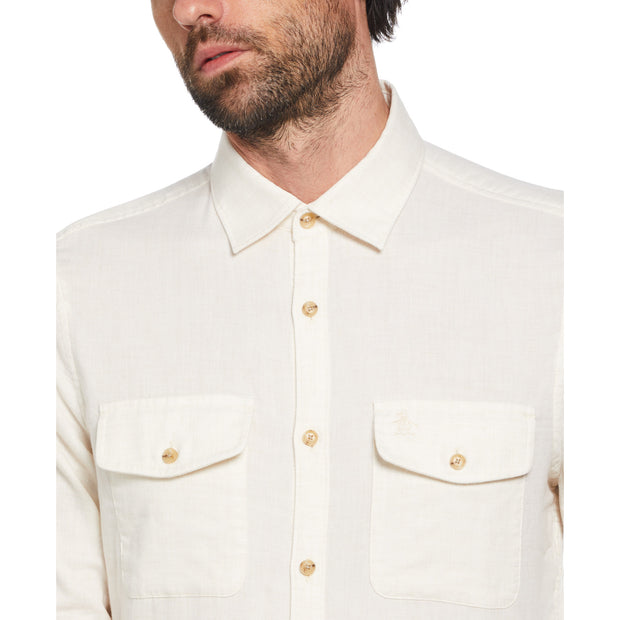 Long Sleeve Flannel Button-Down Shirt In Oatmeal